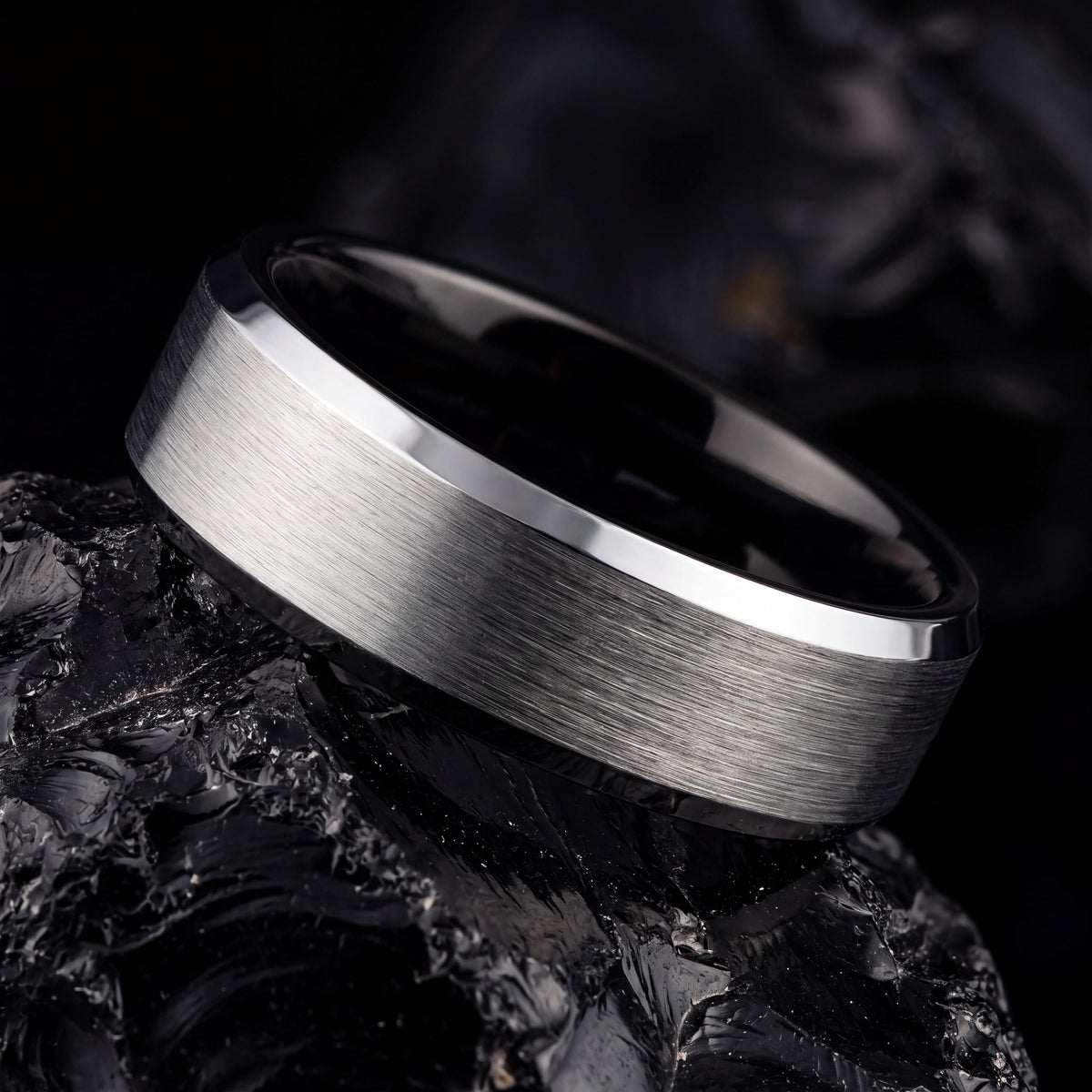 Custom Engraved Ring, Black Silver Tungsten Wedding Band, 8mm Beveled Edge, Jewelry, Personalized, Minimalist, Handmade, Gift for Husband