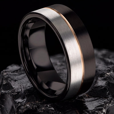 Tungsten Wedding Band, Black & Silver with Rose Gold Inlay