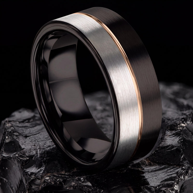 Tungsten Wedding Band, Black & Silver with Rose Gold Inlay