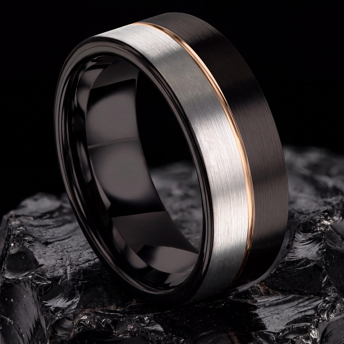 Tungsten Wedding Band, Black & Silver with Rose Gold Inlay