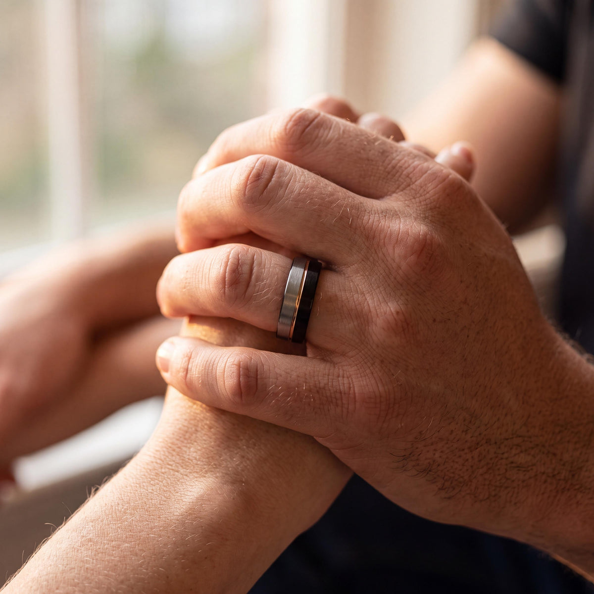 Tungsten Wedding Band, Black & Silver with Rose Gold Inlay