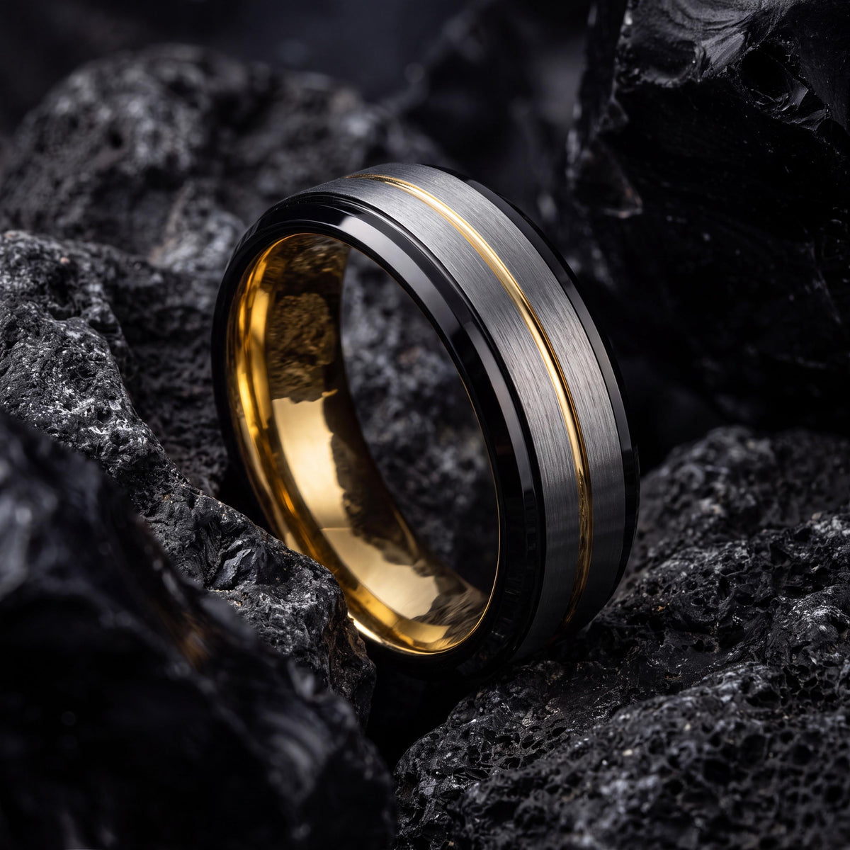 Tungsten Wedding Band,Wedding Band Set His And Hers,Unique Mens Wedding Bands,Hammered Gold Ring,Mens Gray Tungsten Ring,Mens Rings Black,10