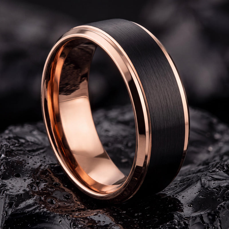Groomsmen Gifts, Black Rose Gold Tungsten Ring, 8mm Beveled Edge, Custom, Personalized, Minimalist, Handmade, Engraved, Mens Wedding Band