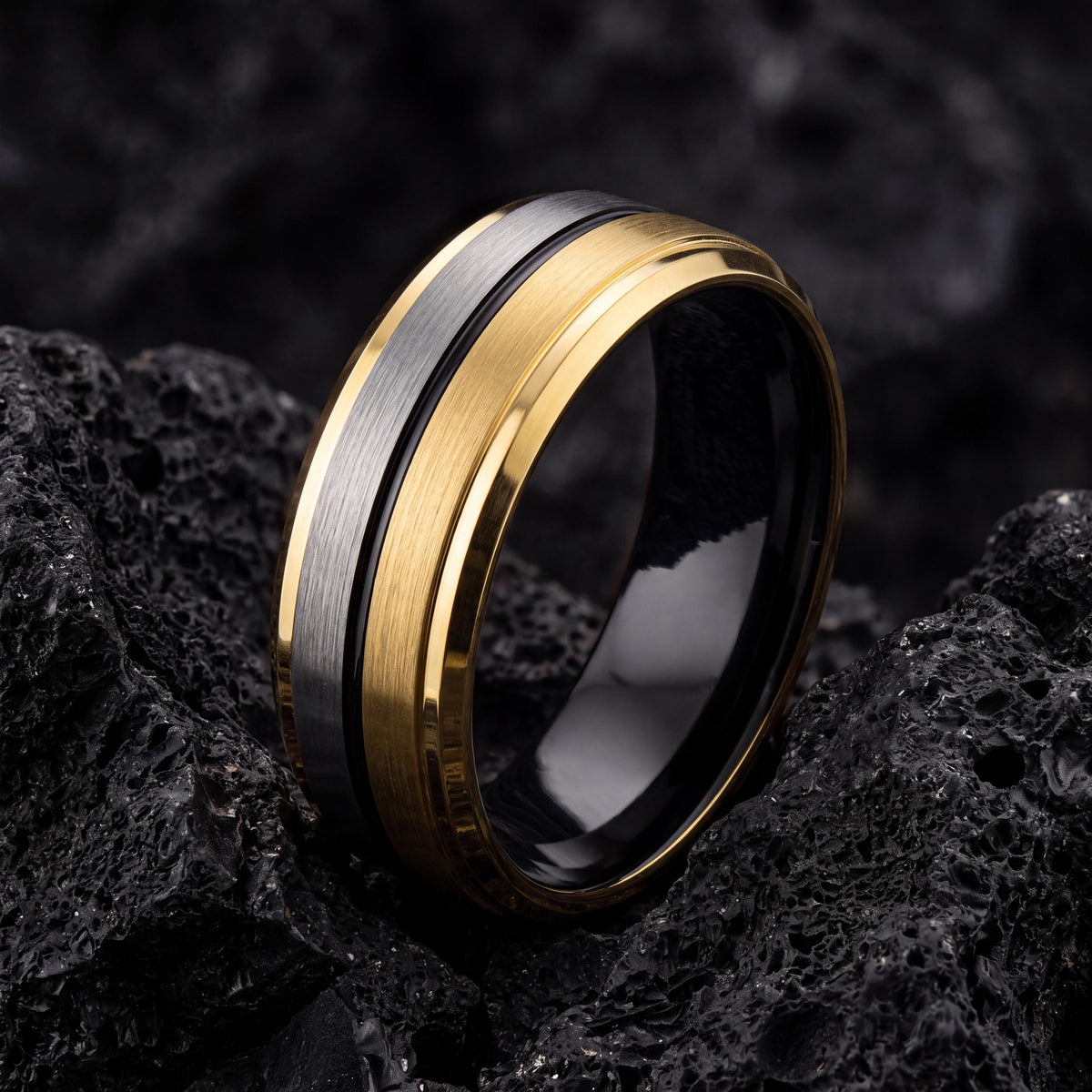 Mens Tungsten Wedding Band,Unique Mens Wedding Band,Unique Mens Wedding Bands,Hammered Ring Gold,Mens Silver Thumb Ring,Black Embellished,10