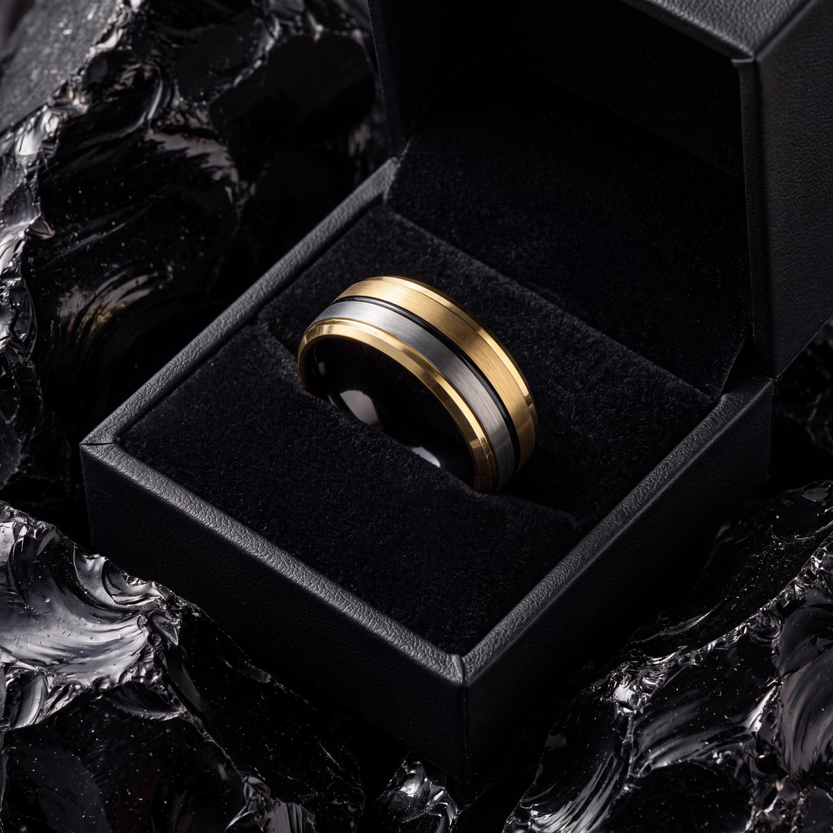 Mens Tungsten Wedding Band,Unique Mens Wedding Band,Unique Mens Wedding Bands,Hammered Ring Gold,Mens Silver Thumb Ring,Black Embellished,10