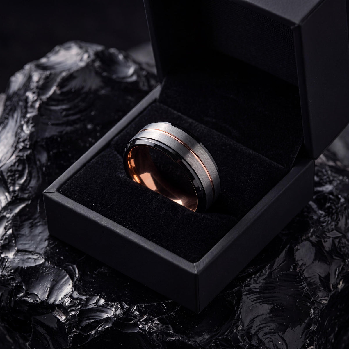 Mens Tungsten Wedding Band,Matching Wedding Bands,Nerdy Wedding Bands,Black Line Rose,Silver Ring Band Size 12,Rose Gold Class Ring,Black,10