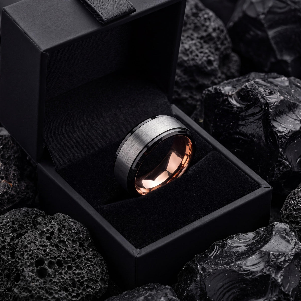 Tungsten Carbide Wedding Bands Set, Black, Silver, Rose Gold Plated