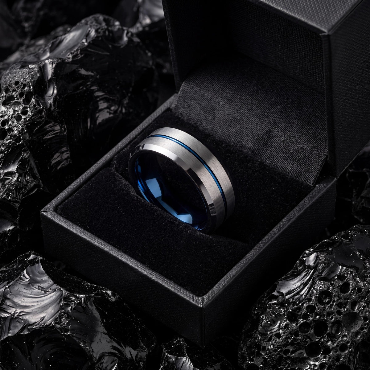 Mens Wedding Band Tungsten,Curved Wedding Band,Wedding Bands Minimalist,Silver Engagement Ring Sturdy,Black Embellished,Blue Wedding Bands,8