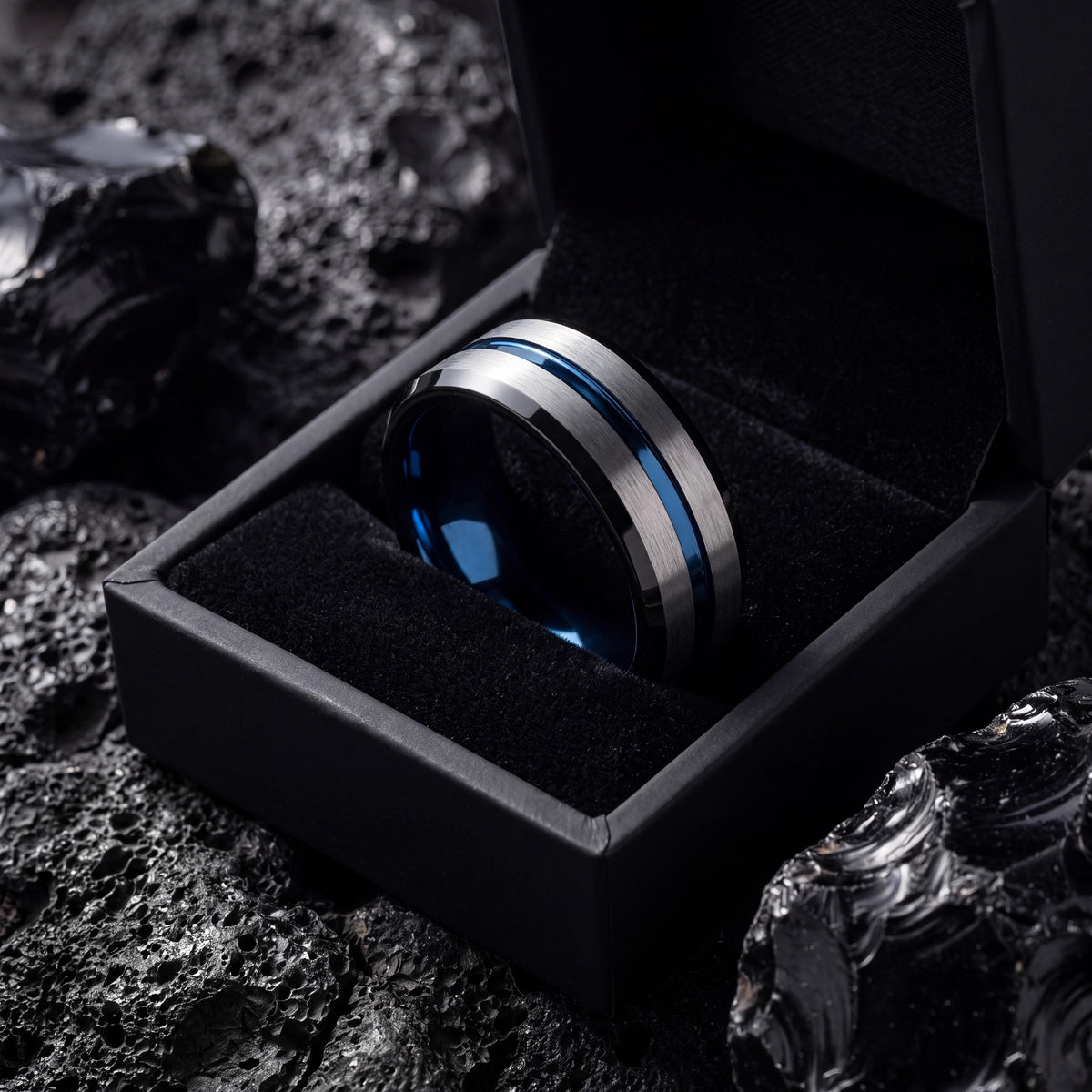 Wedding Band Set His And Hers, Black Tungsten Ring For Men, Birthday Gift For Him, Blue Engagement Ring Silver, Personalized Gift For Her