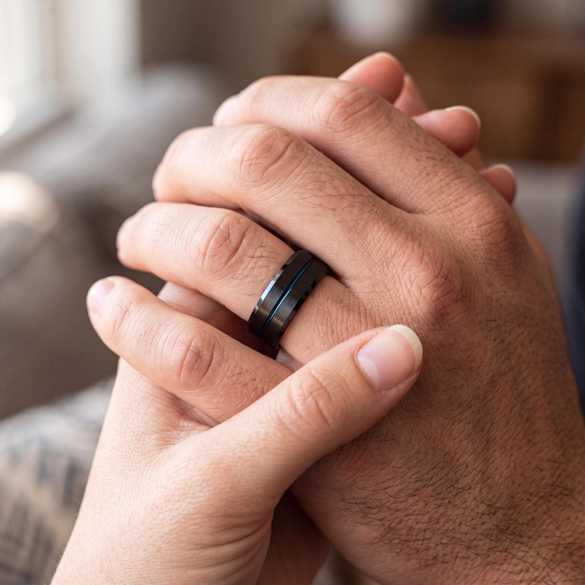 Mens Black Tungsten Wedding Band, Blue Center Line, Bevel Edge