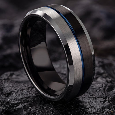 Wedding Band,Mens Wedding Band Tungsten,Unique Wedding Rings,Bevel Wedding Band 8Mm,Silver Rings,Black Wedding Band Men,Dusty Blue Wedding,8