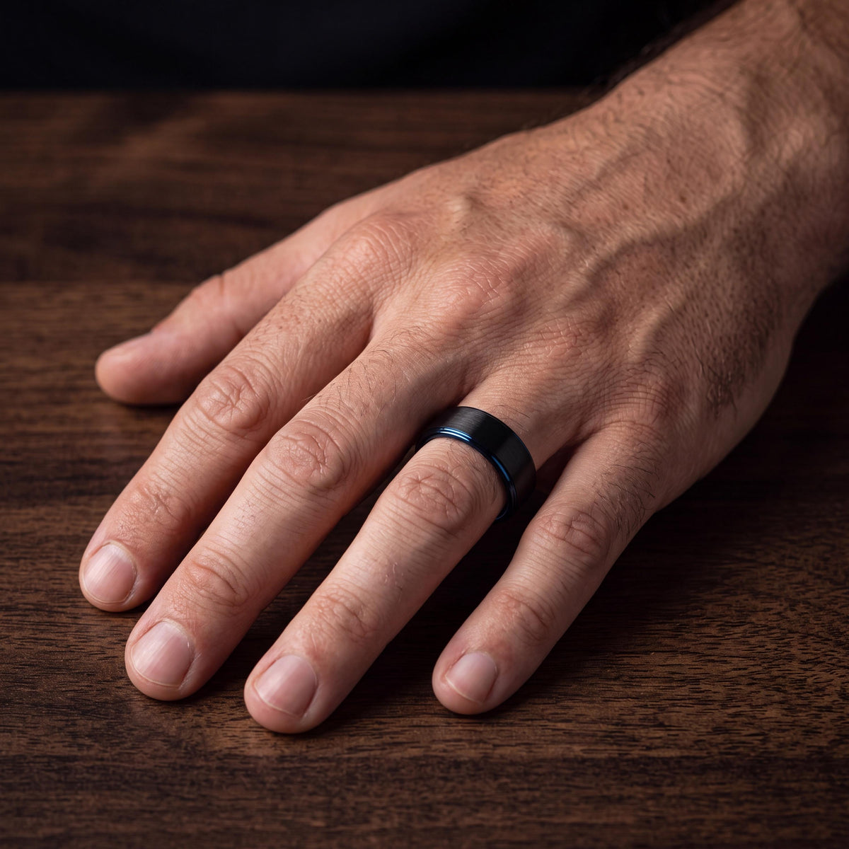 Black Tungsten Wedding Band, Blue Interior, Comfort Fit