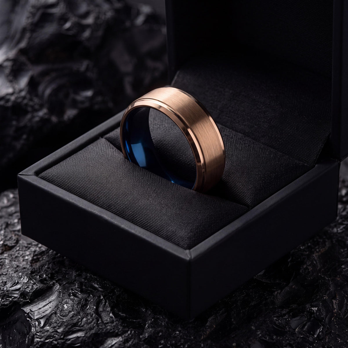 Mens Wedding Band,Mens Tungsten Wedding Band,Curved Wedding Band,Alternative Wedding,Rose Gold Cursive Letters,Dainty Blue Ring Stackable,10