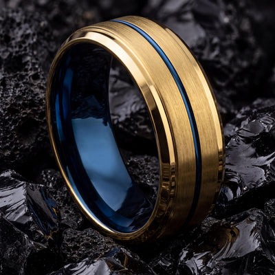 Mens Wedding Band,Mens Wedding Band Tungsten,Matching Wedding Bands His and Hers,Mens Wedding Band Etched,Gold Band 18K,Dusty Blue Wedding,8