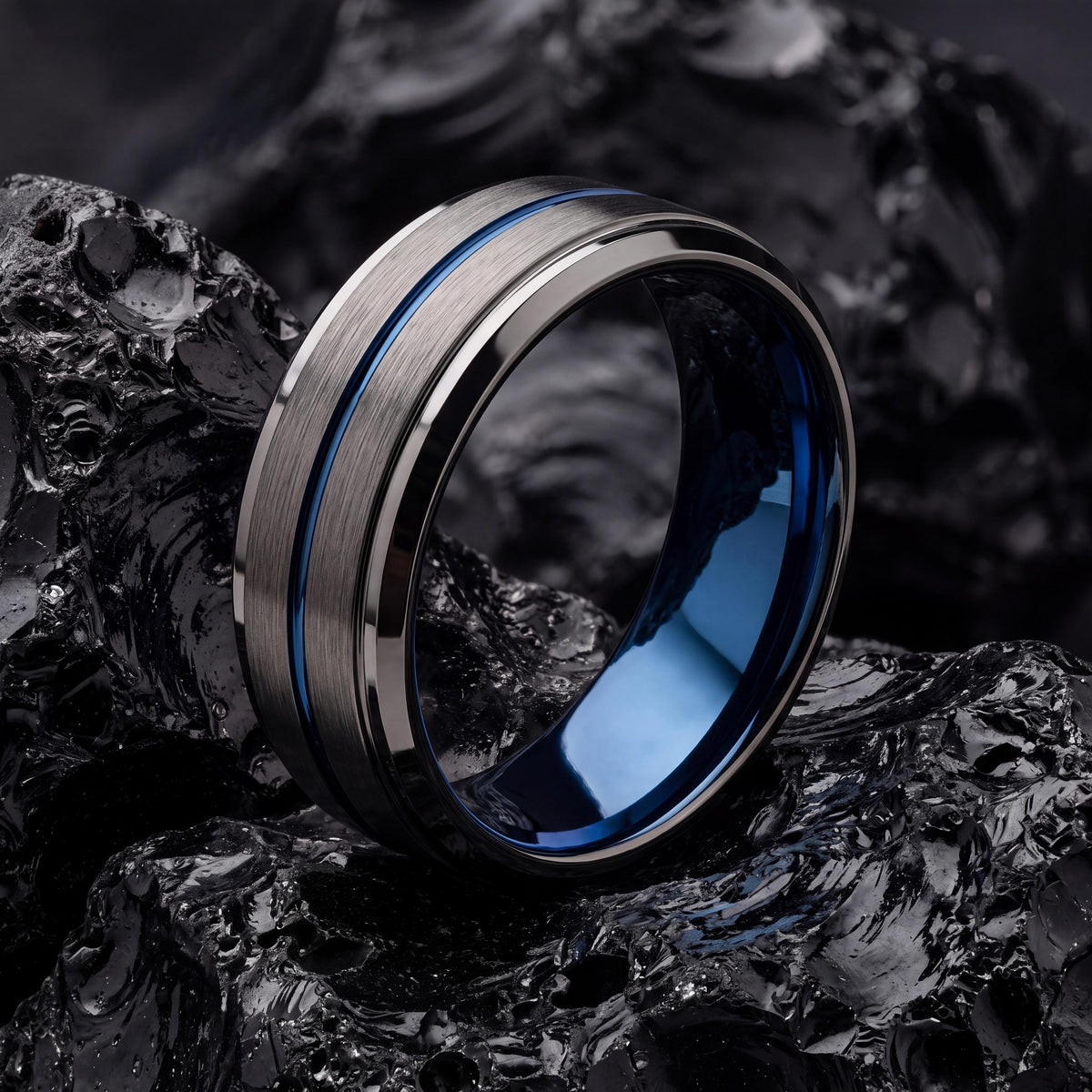 Mens Tungsten Wedding Band,Matching Wedding Bands His and Hers,Mens Wedding Band Etched,Male Wedding Band Gunmetal 6mm,Dusty Blue Wedding,10