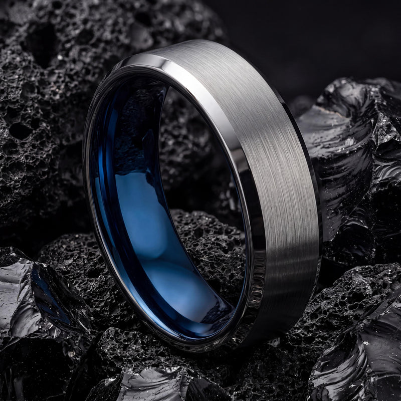 Silver Tungsten Ring For Men, Personalized Gifts for Him, Promise Ring for Her, Blue Wedding Band, Engagement Gift, Wife Christmas Gift