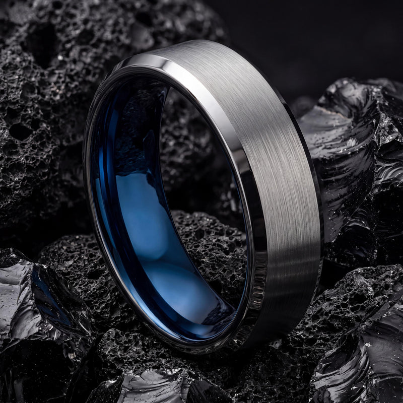 Silver Tungsten Ring For Men, Personalized Gifts for Him, Promise Ring for Her, Blue Wedding Band, Engagement Gift, Wife Christmas Gift