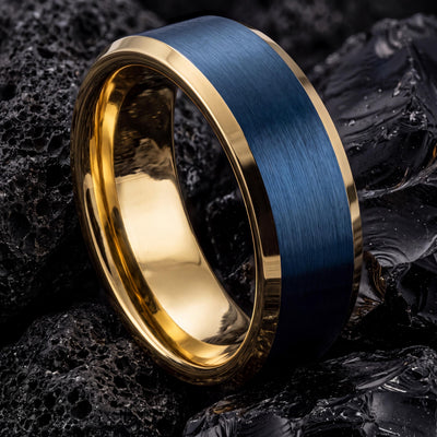 Men's Wedding Band Blue, Boyfriend Christmas Gift, Yellow Gold Tungsten Ring, Couple Ring, Jewelry for Women, Gifts for Him, Ring for Police