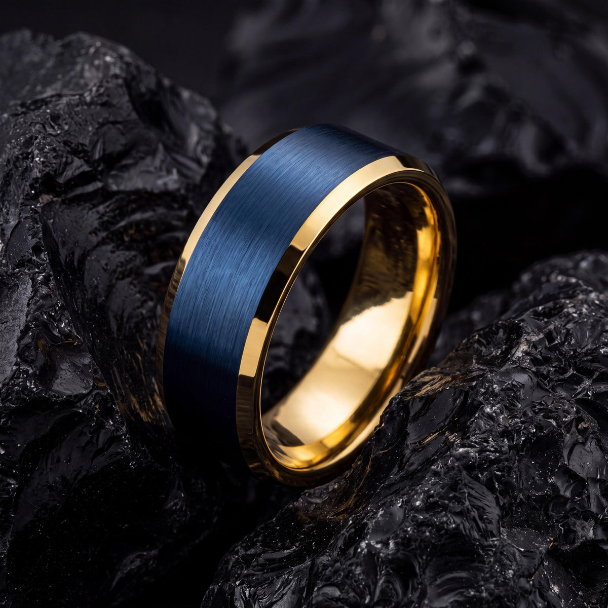 Men's Wedding Band Blue, Boyfriend Christmas Gift, Yellow Gold Tungsten Ring, Couple Ring, Jewelry for Women, Gifts for Him, Ring for Police