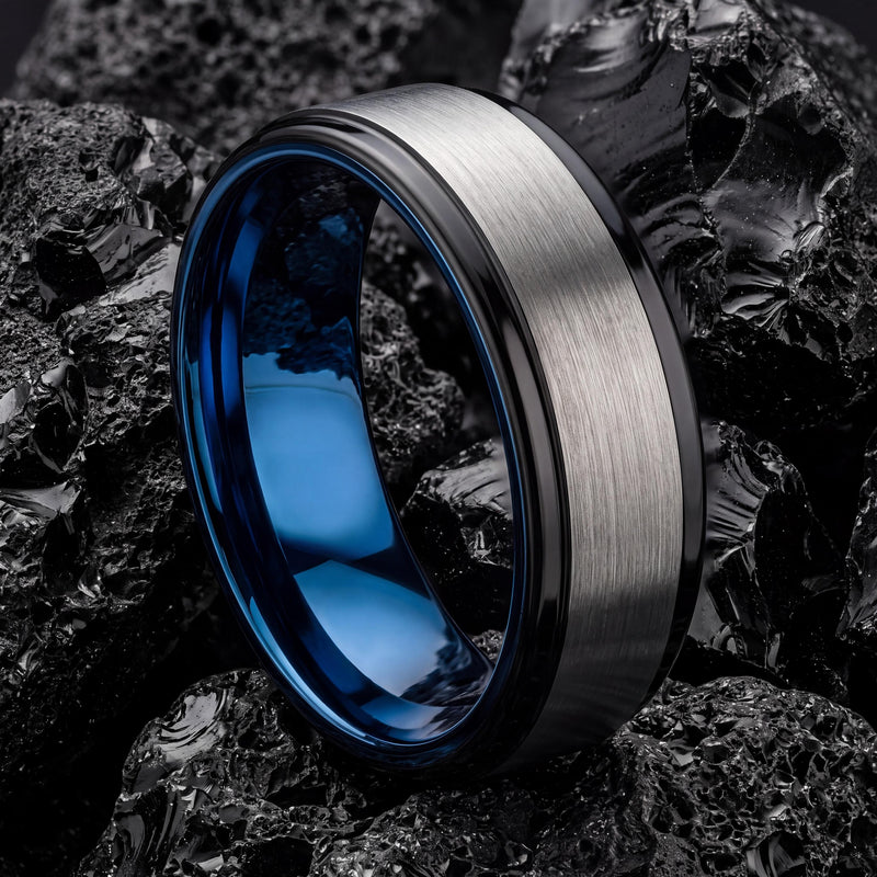 Mens Wedding Band,Tungsten Wedding Band,Mens Wedding Rings,Matching Wedding Rings Set,Engraved Silver Ring,Black Wedding Band,Thin Blue Line