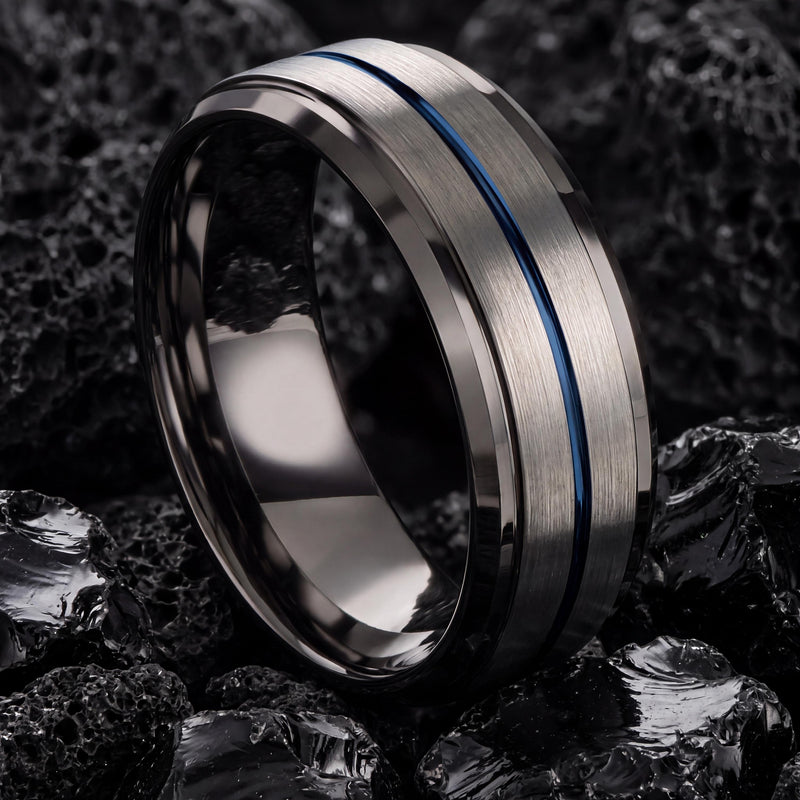 Mens Wedding Band Tungsten,Men Wedding Ring,Personalized Wedding Fan,Male Wedding Band Gunmetal 8mm,Stackable Rings Silver,Mens Blue Ring,10