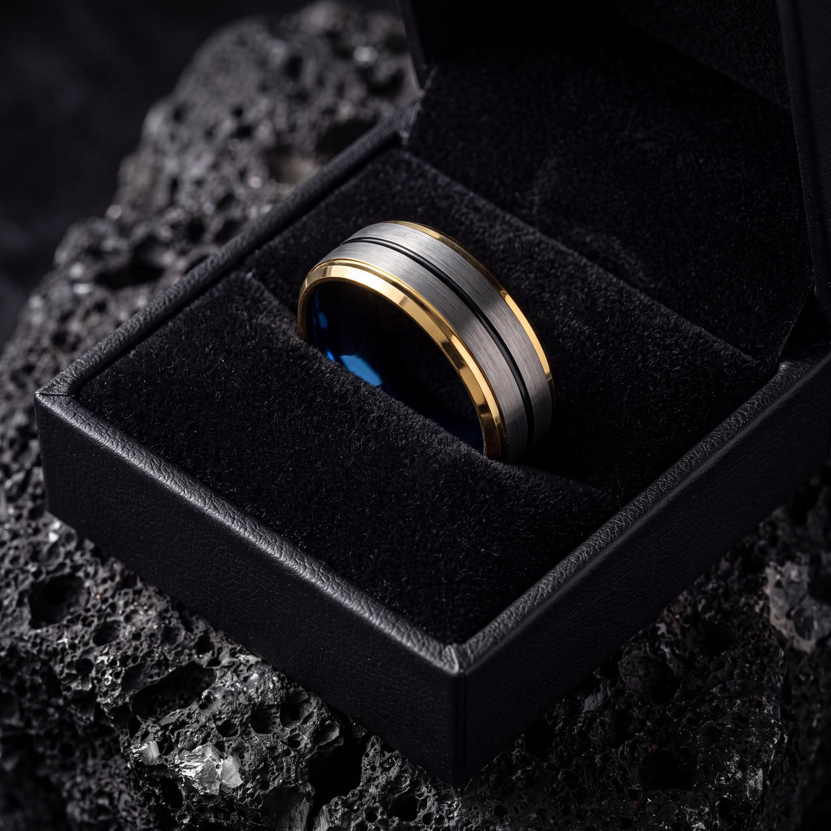 Mens Wedding Band Tungsten,Men Wedding Band,Wedding Rings Sets His and Hers,Chunky Gold Ring,Silver Set Mens,Black Metal,Blue Wedding Ring,8