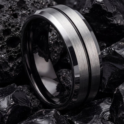 Wedding Bands,Mens Tungsten Wedding Band,Womens Wedding Bands,Thin Wedding Band,Grey,Black Embellished,Black and Silver Mens Wedding Band,10