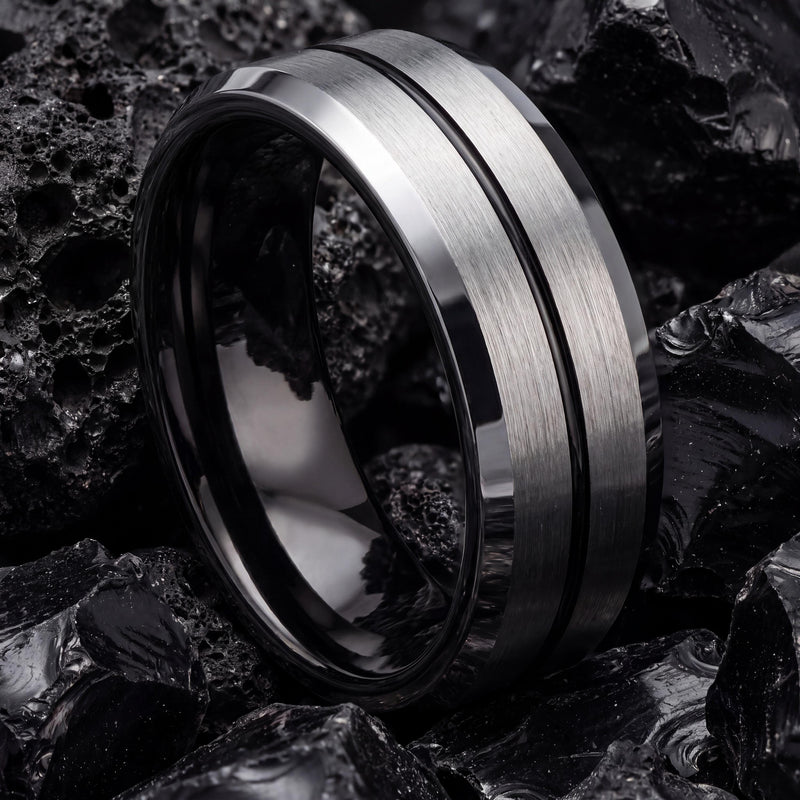 Wedding Bands,Mens Tungsten Wedding Band,Womens Wedding Bands,Thin Wedding Band,Grey,Black Embellished,Black and Silver Mens Wedding Band,10