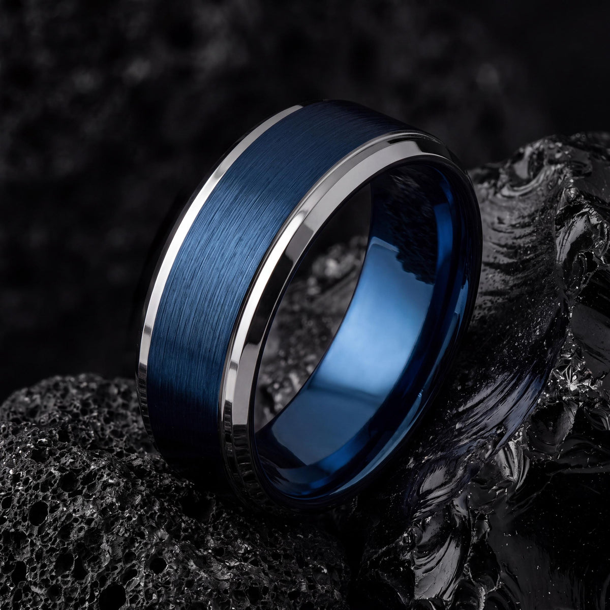 Mens Tungsten Wedding Band,Womens Wedding Band,Two Tone Wedding Band Set,Silver and Blue Band Ring,Womens Silver Rings,Blue Wedding Bands,10