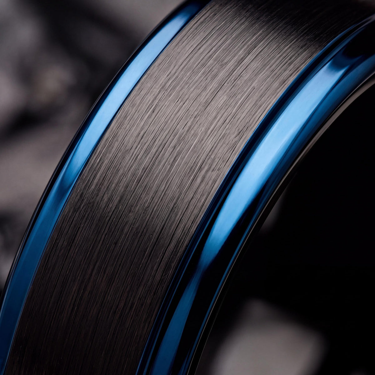 Black Tungsten Wedding Band, Beveled Ring, Blue Accent