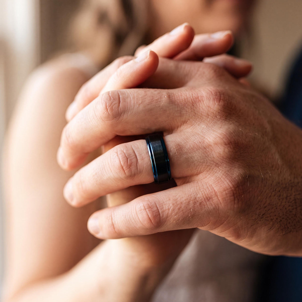 Black Tungsten Wedding Band, Beveled Ring, Blue Accent