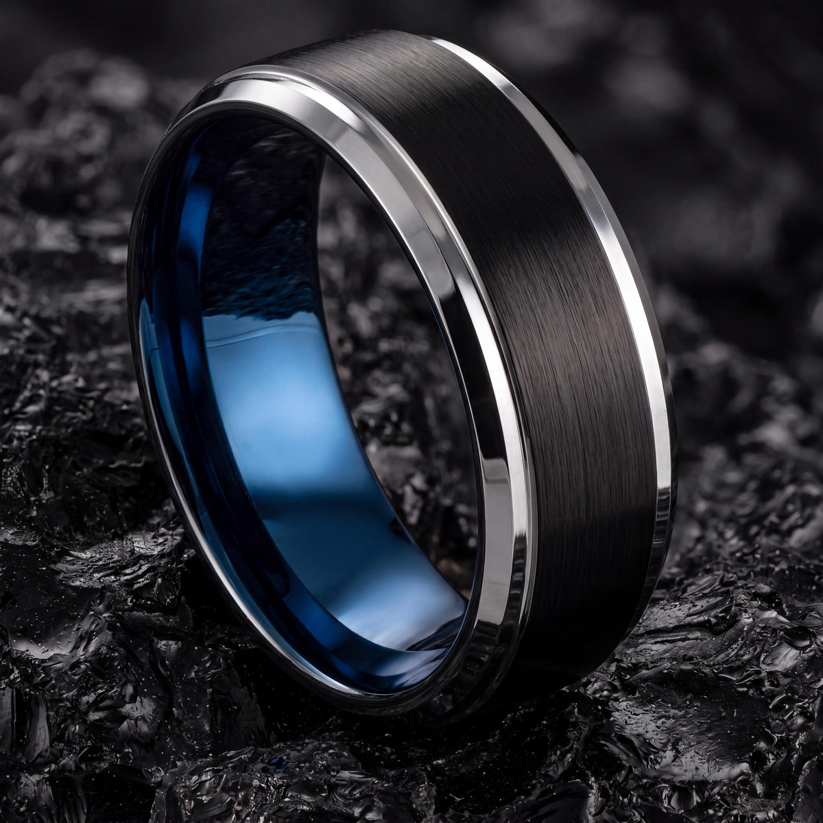 Wedding Band,Mens Tungsten Wedding Band,Wedding Bands Women Unique,8Mm Wedding Ring Men,Silver Natural Ring,Black,Dainty Blue Ring Stackable
