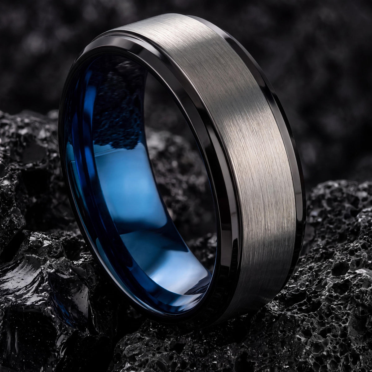 Mens Wedding Band,Tungsten Wedding Band,Curved Wedding Band,Wedding Band Mens,Engagement Ring Silver,Newly Wed Gifts Black,Blue Wedding Ring