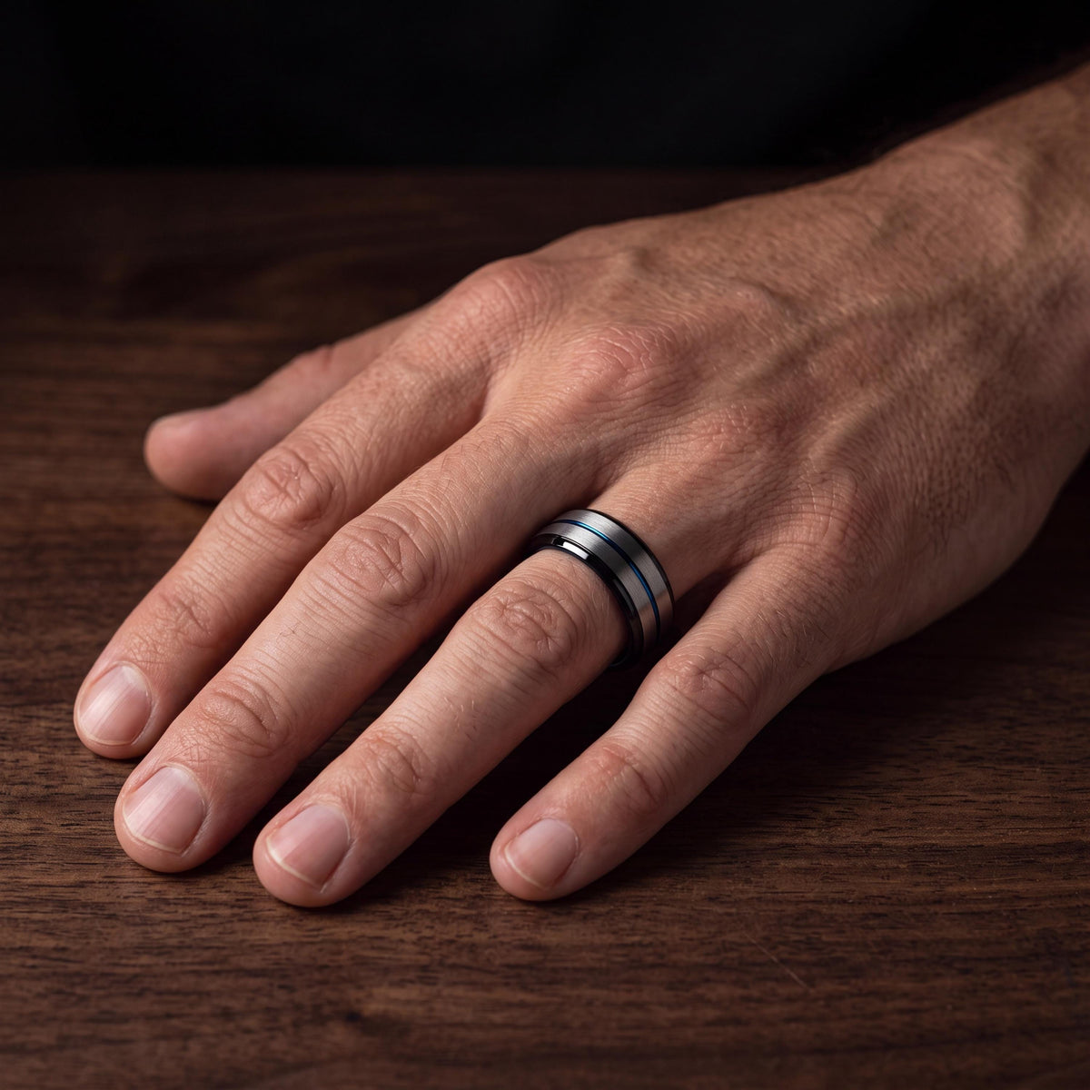 Tungsten Carbide Wedding Band, Blue Silver Black, Comfort Fit