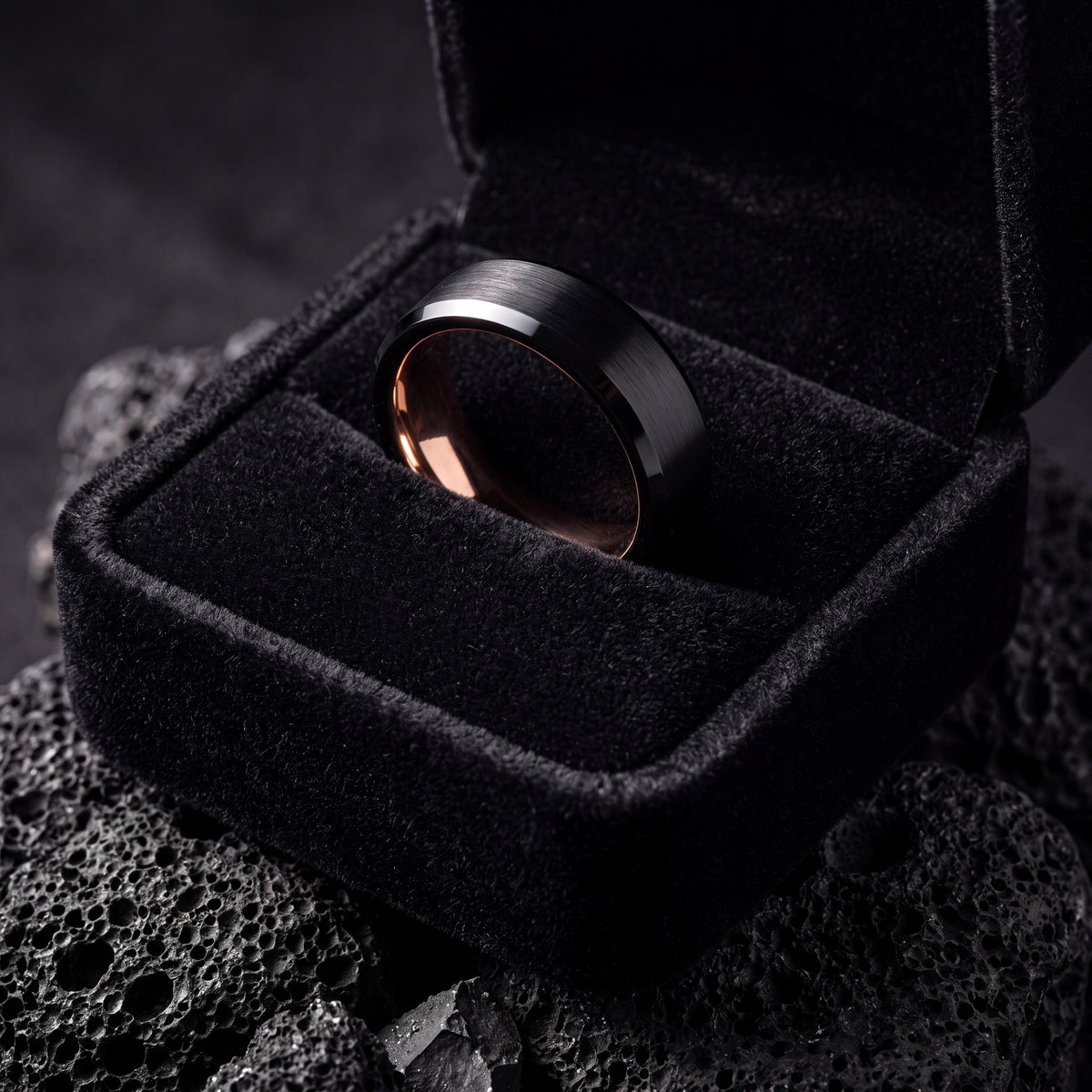 Mens Black Tungsten Wedding Band, Rose Gold, Comfort Fit