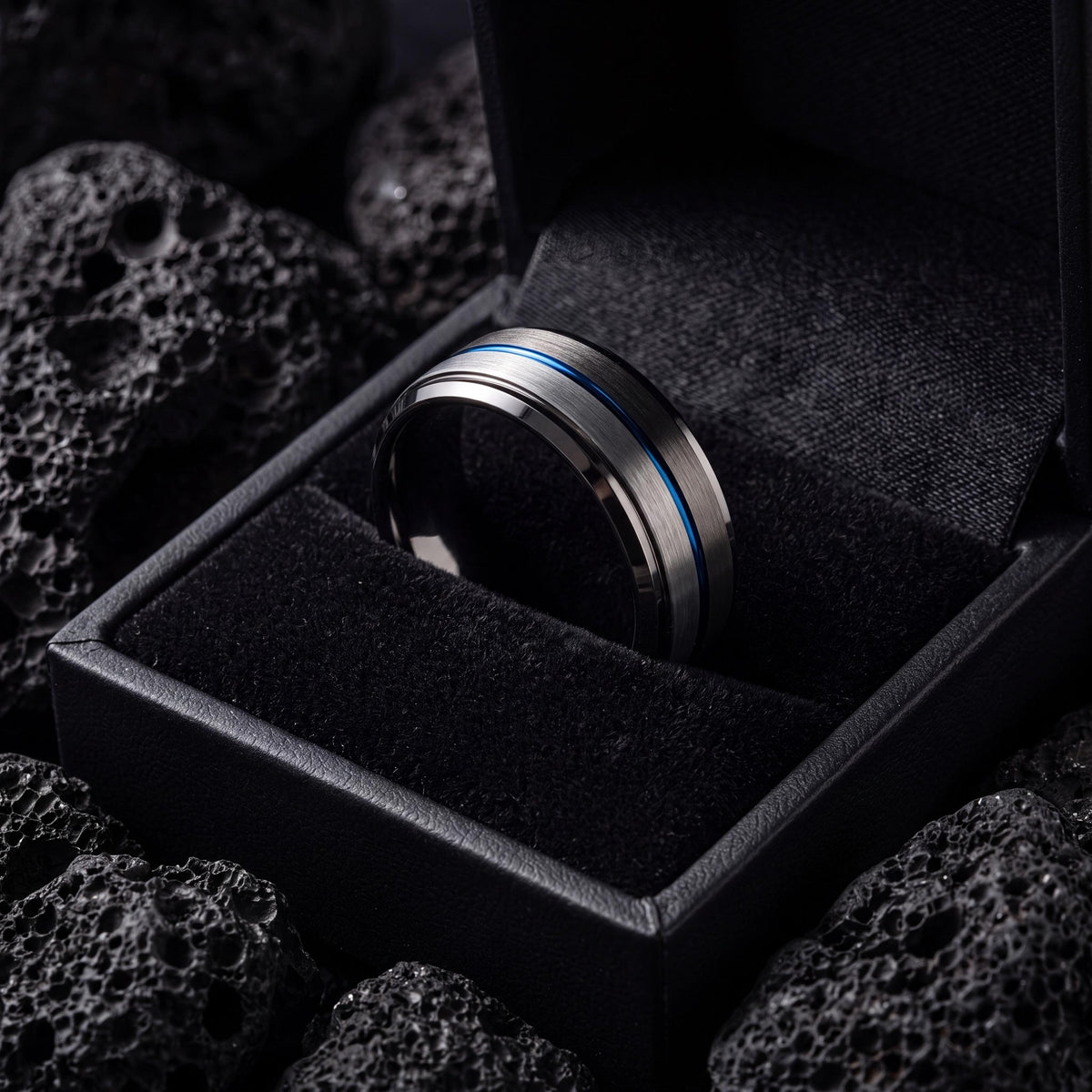 Mens Tungsten Wedding Band, Gunmetal, Silver, Blue Ring