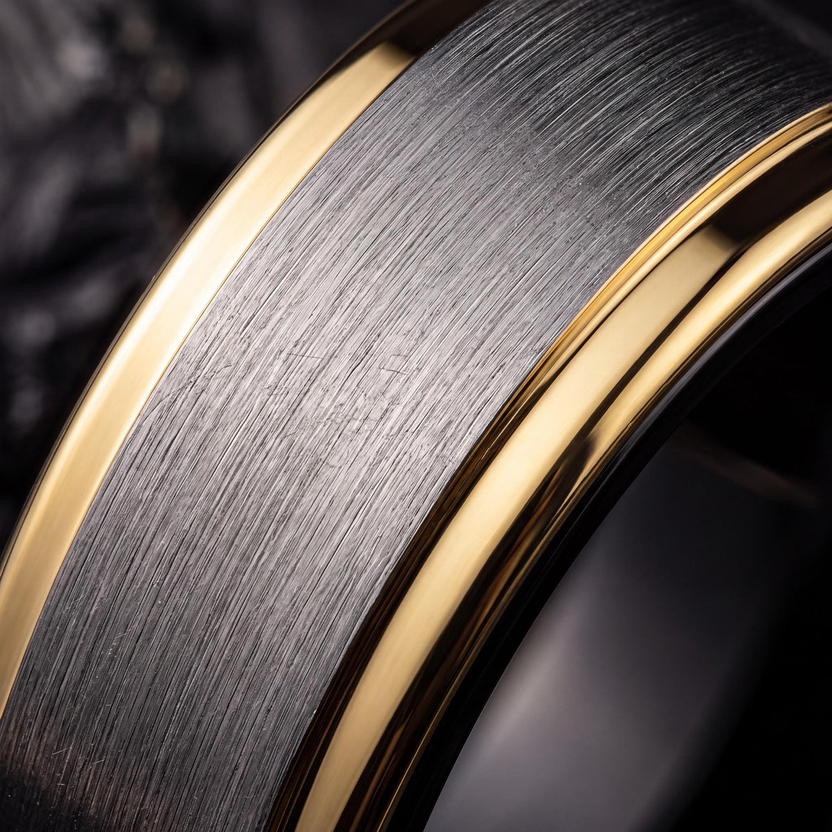 Mens Tungsten Wedding Band, Silver, Black, and Yellow Gold Plated
