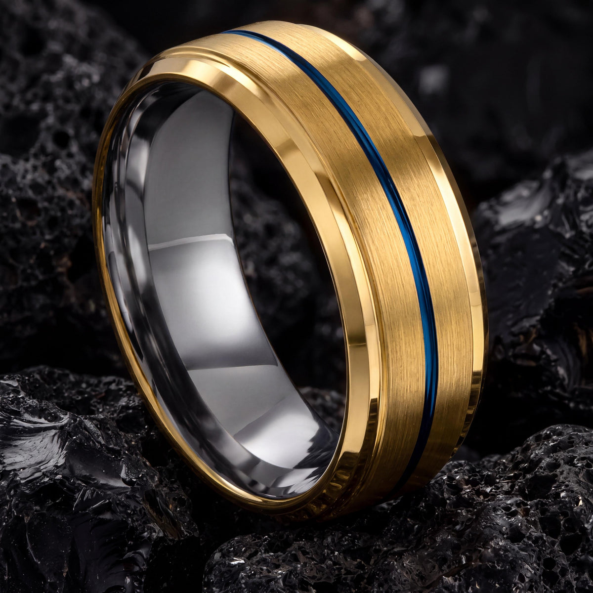 Tungsten Carbide Wedding Band, Blue Groove, 18k Yellow Gold Plated