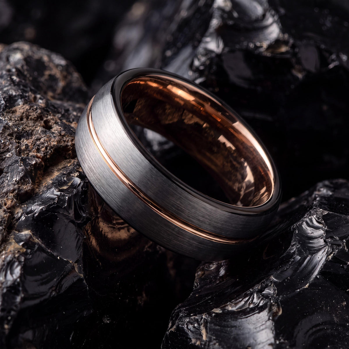 Curved Wedding Band,Nerdy Wedding Bands,Rose Gold and Black Tungsten Wedding Band,Silver Promise Ring,Rose Gold Ring,Newly Wed Gifts Black,8
