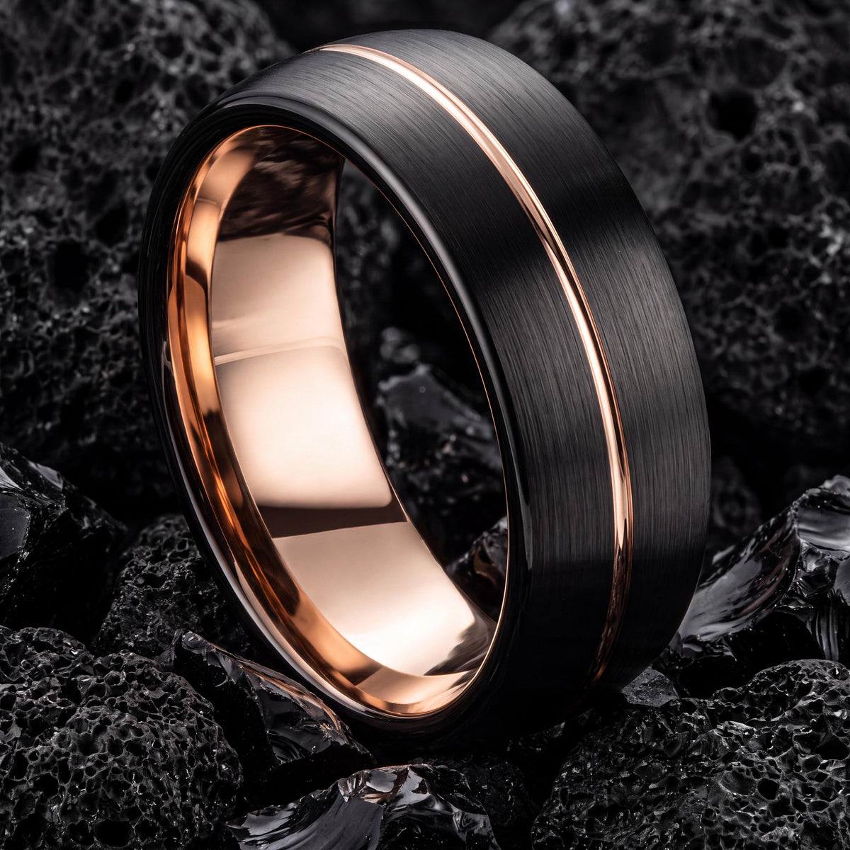 Black Tungsten Wedding Band with Rose Gold Inlay