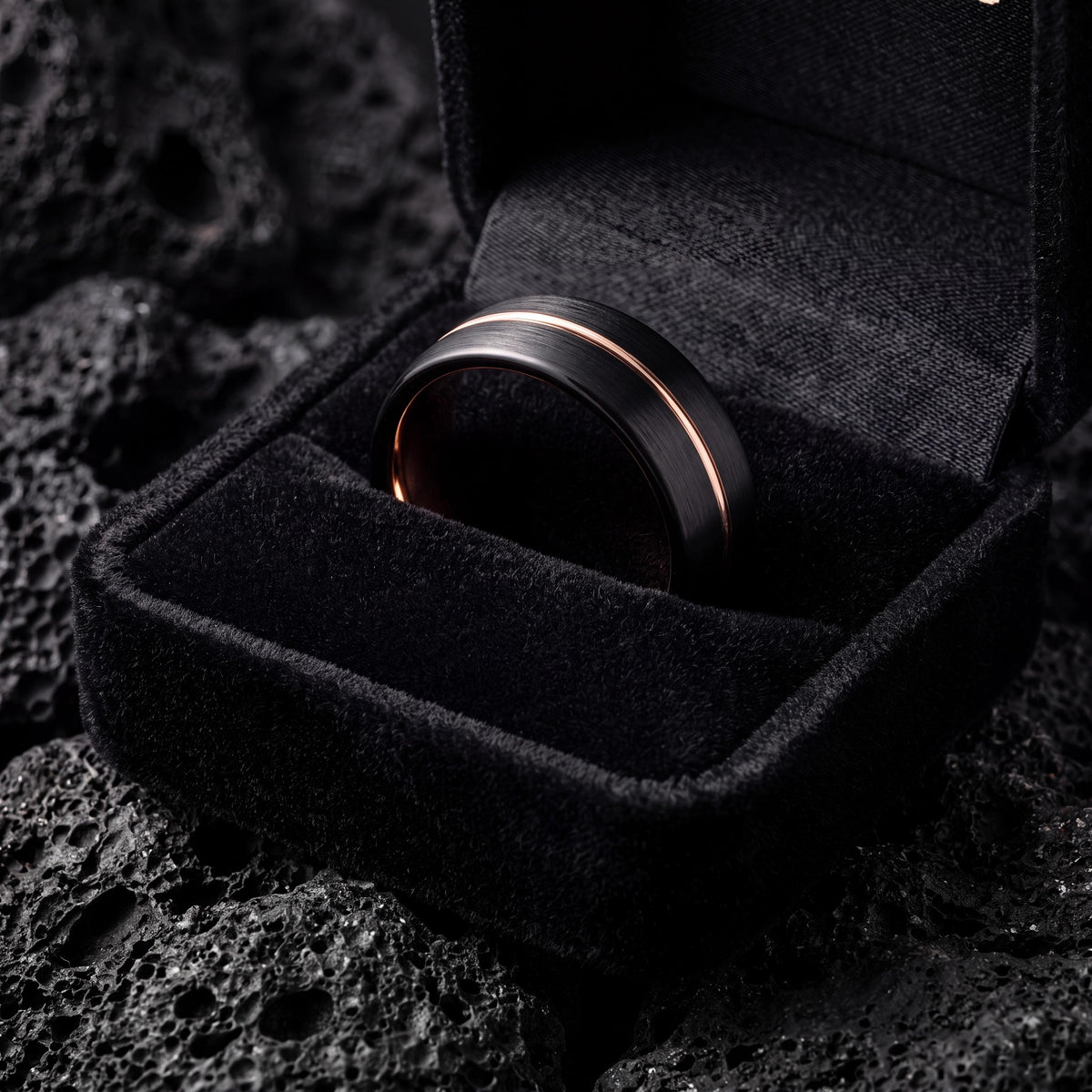 Black Tungsten Wedding Band with Rose Gold Inlay
