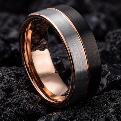 Wedding Band Set,Two Tone Mens Wedding Rings,Rose Gold and Black Tungsten Wedding Band,Silver Chunky Rings,Rose Gold Rings,Metallic Black,10