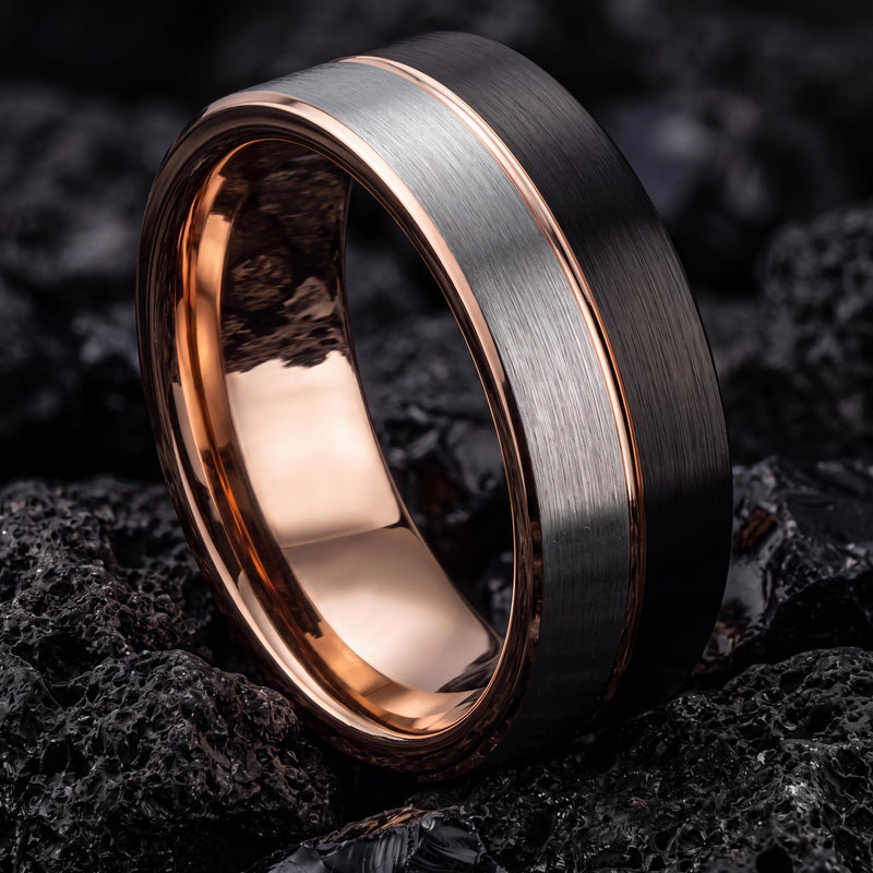 Wedding Band Set,Two Tone Mens Wedding Rings,Rose Gold and Black Tungsten Wedding Band,Silver Chunky Rings,Rose Gold Rings,Metallic Black,10