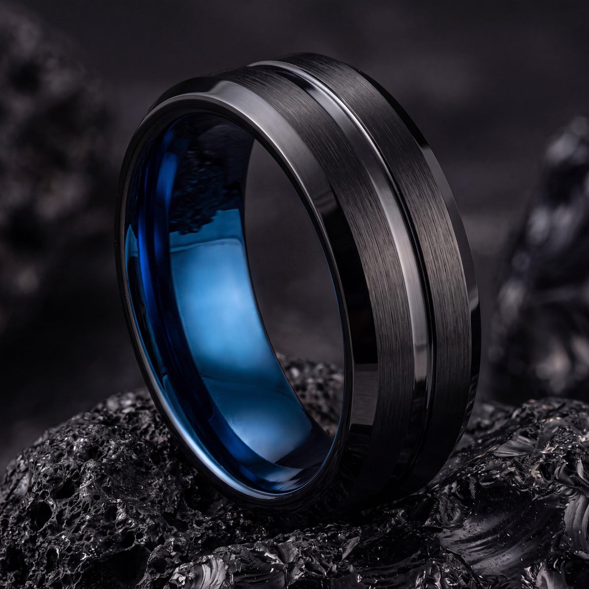 Black Tungsten Wedding Band, Blue Inner Band, Beveled Edge