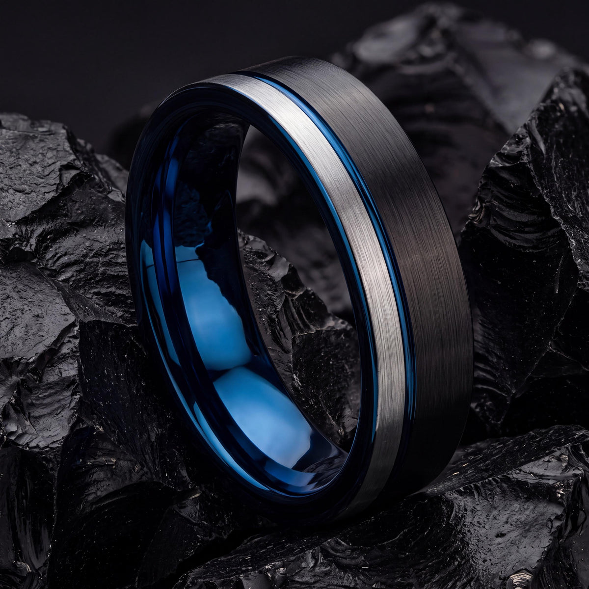 Mens Wedding Band,Mens Tungsten Wedding Band,Mens Wedding Band Unique,Wide Wedding Bands Women,Silver Stacking Rings,Black Ring,Royal Blue,8