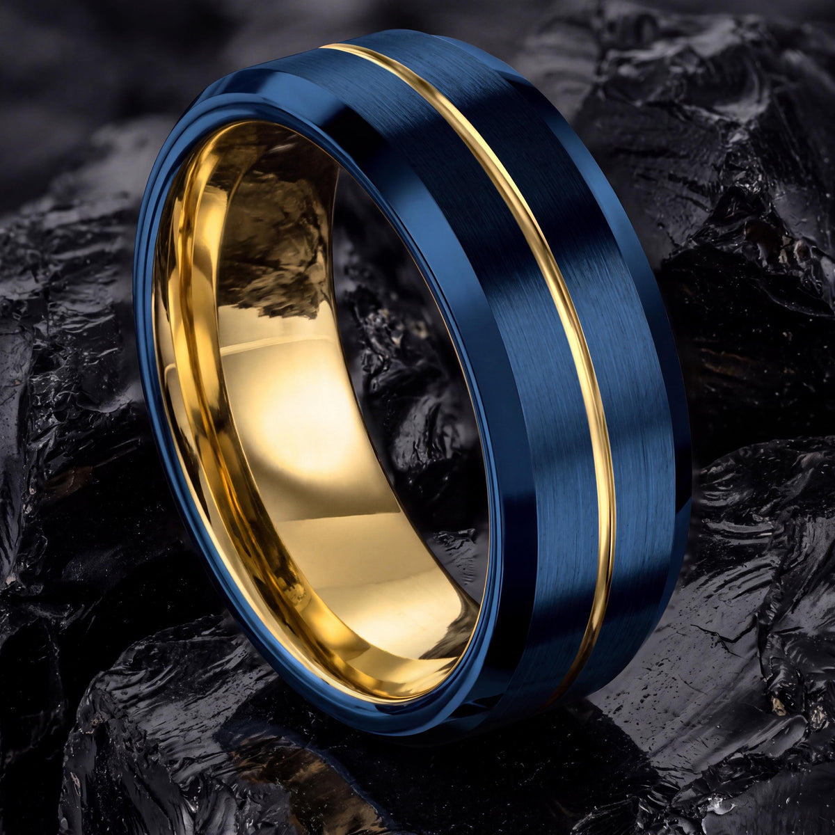 Beveled Tungsten Ring Blue, Men's Gold Wedding Band, Anniversary Gift Idea, Personalized Gifts for Him, Engraved Laser Ring, Fast Shipping