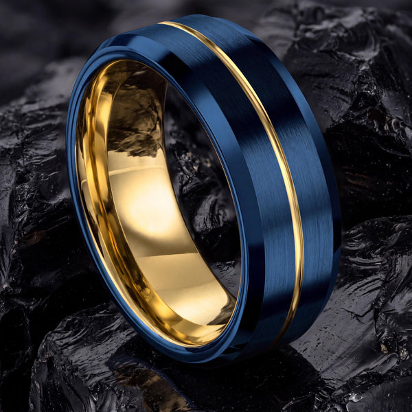 Beveled Tungsten Ring Blue, Men's Gold Wedding Band, Anniversary Gift Idea, Personalized Gifts for Him, Engraved Laser Ring, Fast Shipping