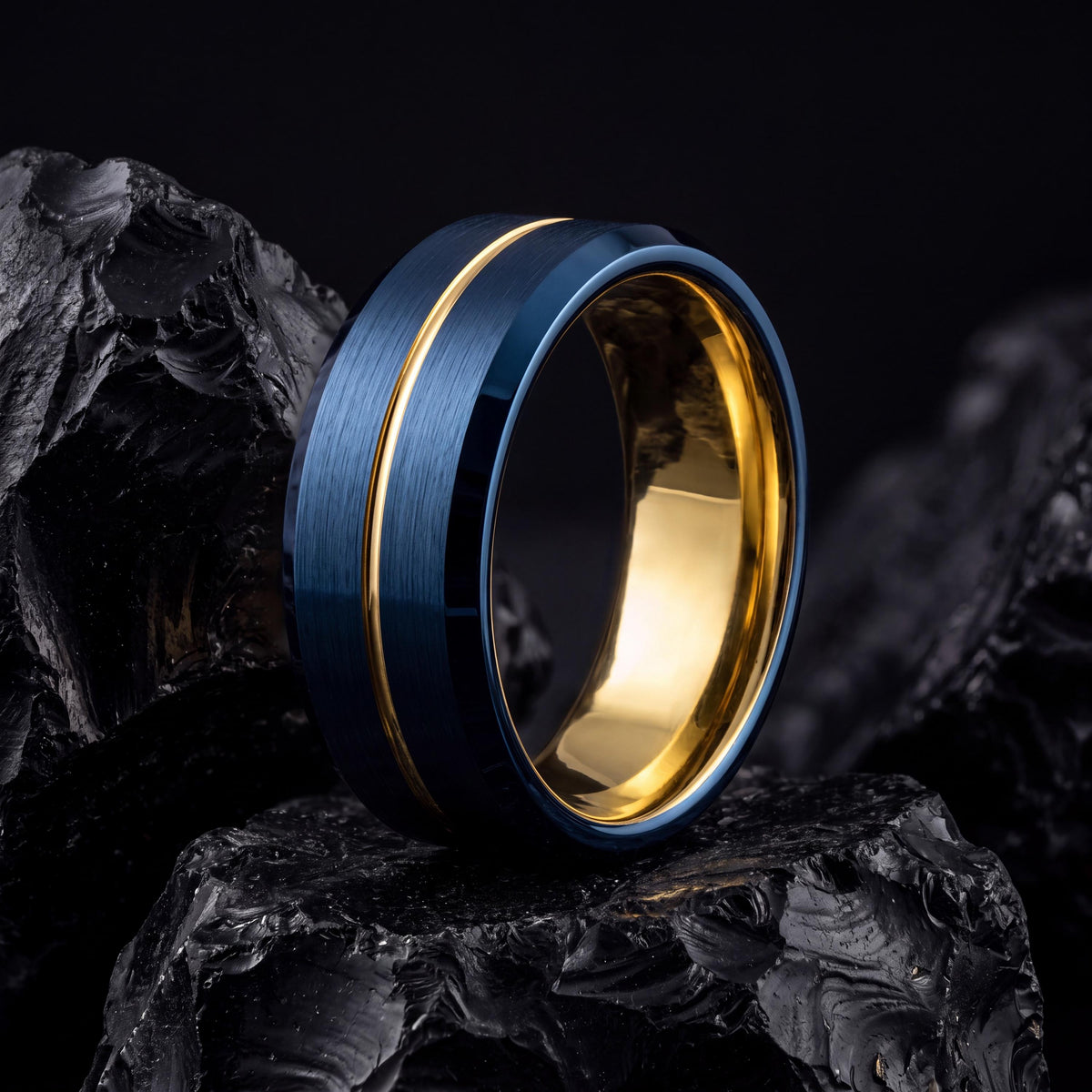 Beveled Tungsten Ring Blue, Men's Gold Wedding Band, Anniversary Gift Idea, Personalized Gifts for Him, Engraved Laser Ring, Fast Shipping