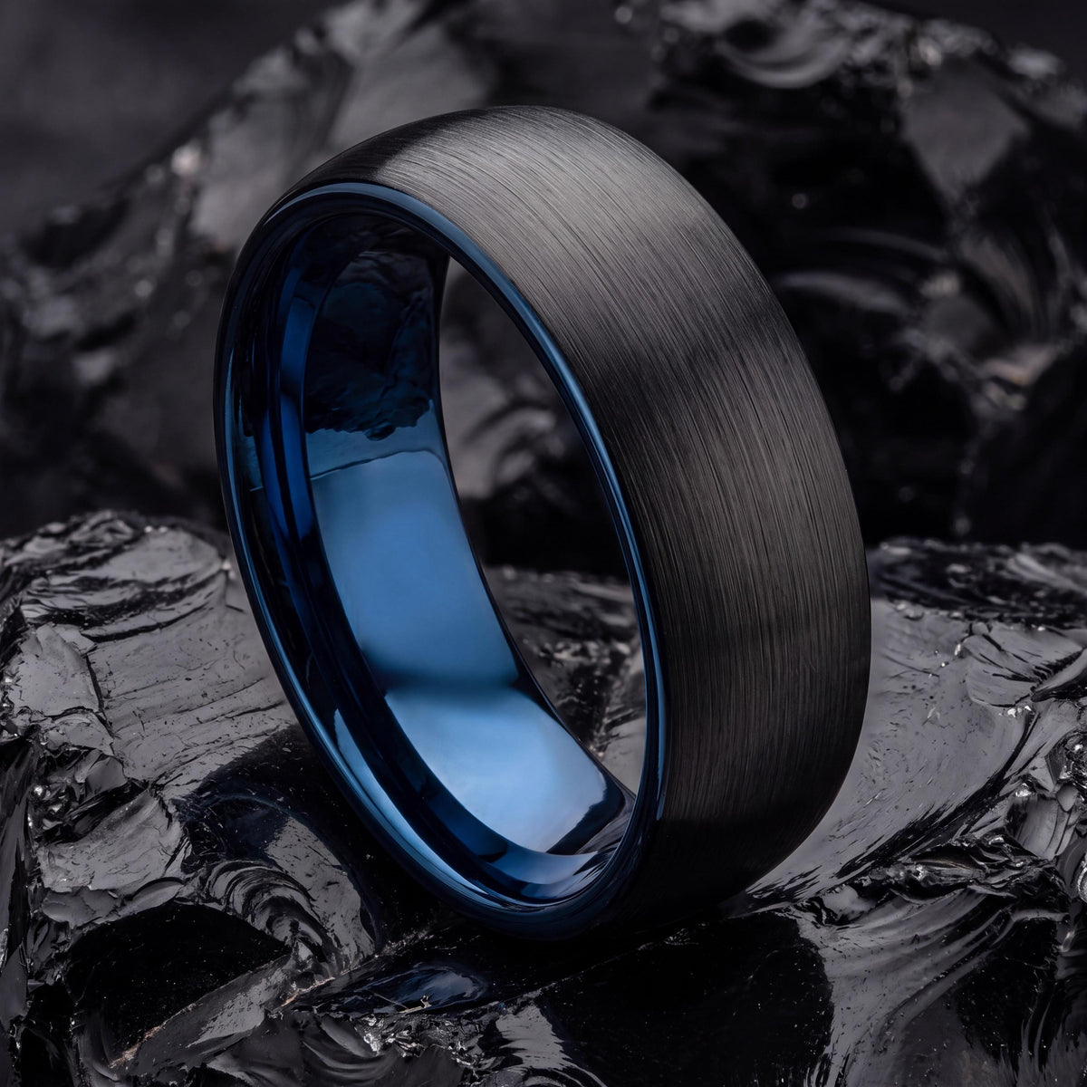 Black Tungsten Carbide Wedding Band with Blue Interior