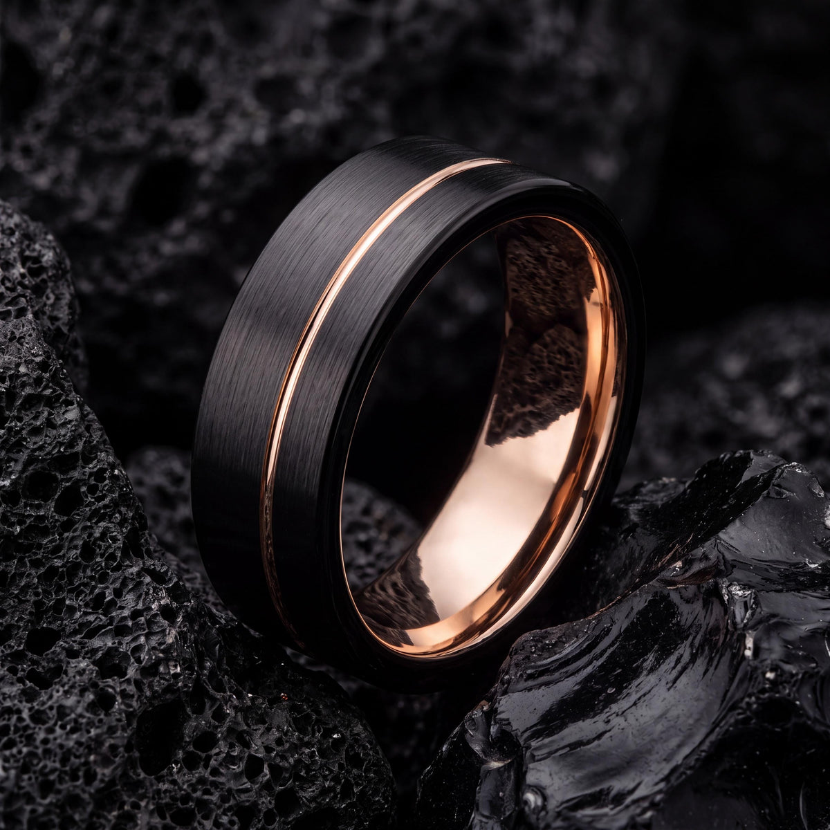 Mens Wedding Band - Black Rose Gold Tungsten Ring - 9mm Flat Edge - Personalized Engraved - Custom Handmade - Gift for Him